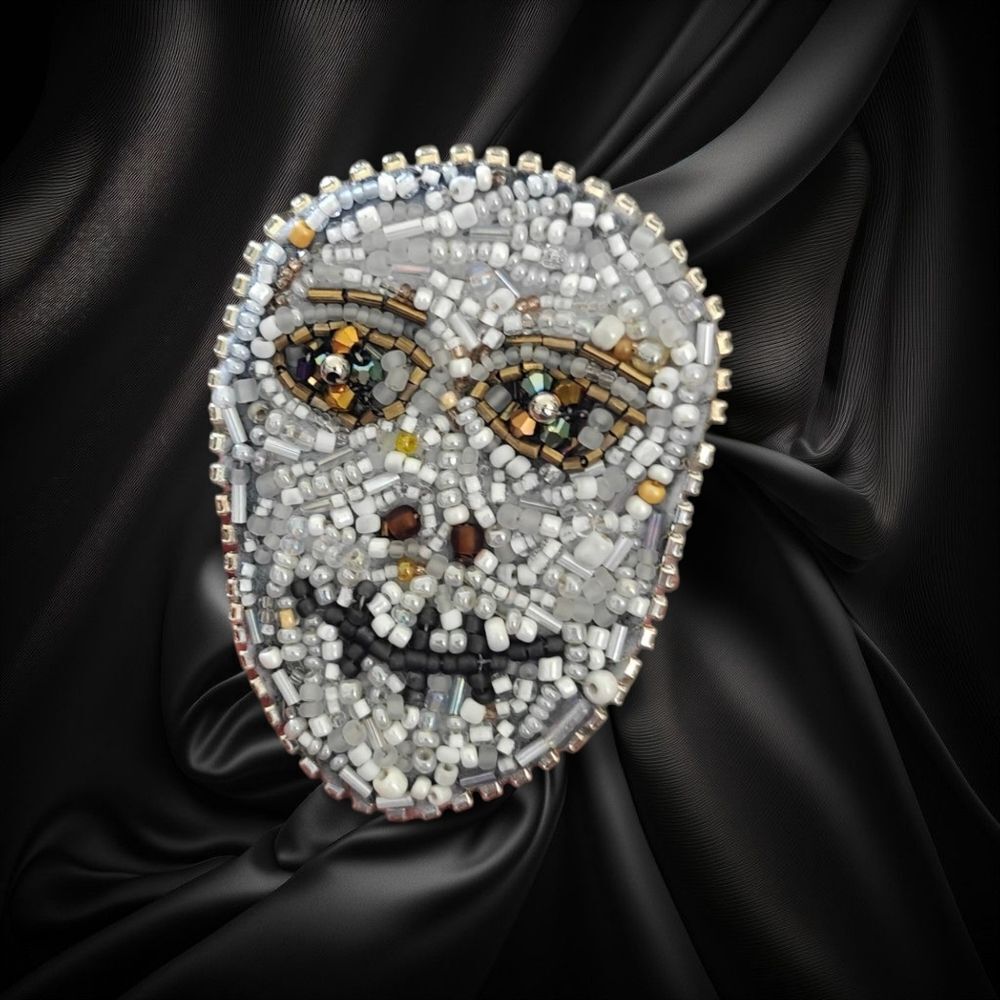 Unique Murka Handcrafted Beaded Skull Face Brooch Cream White and Gold